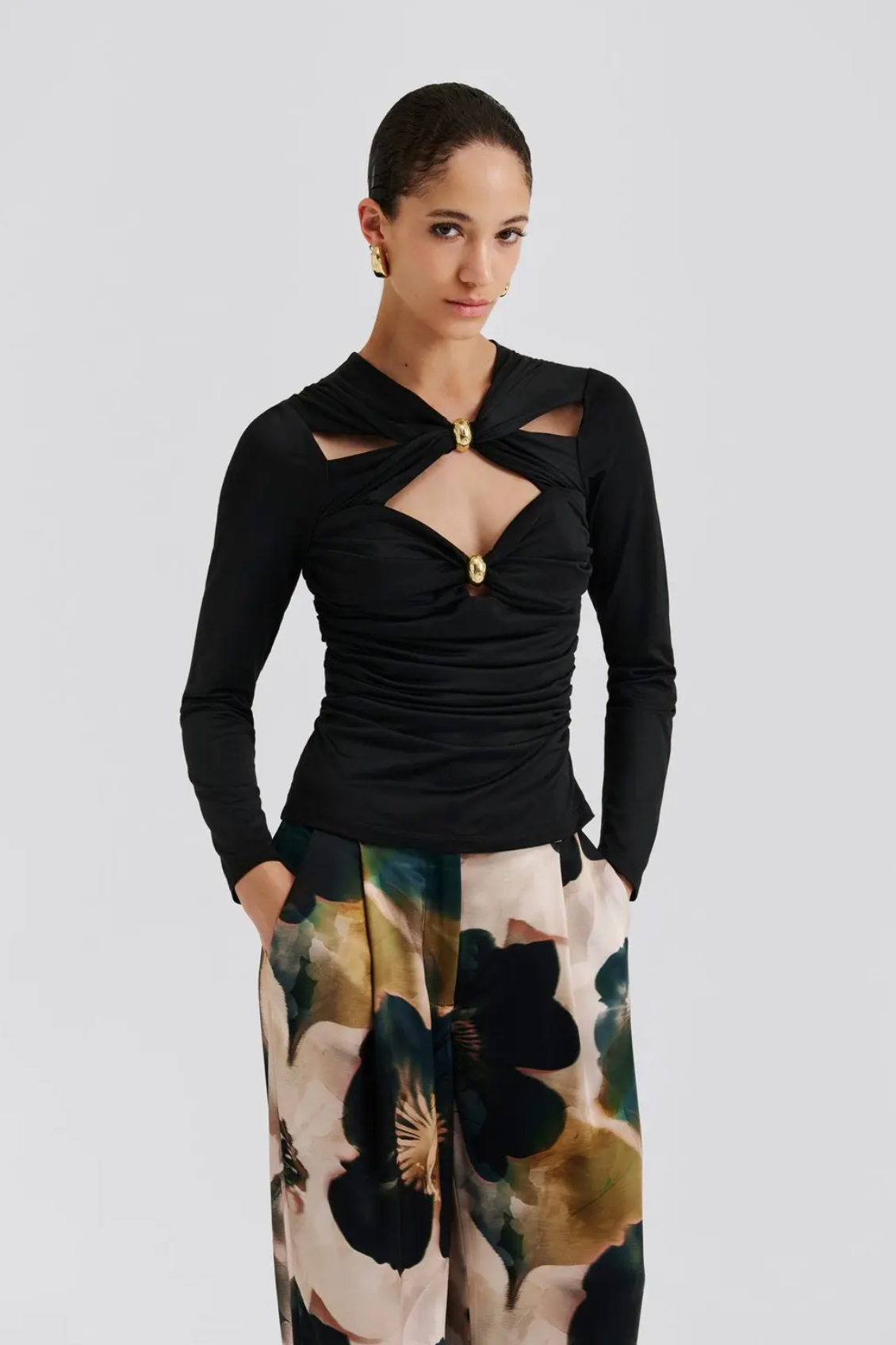 Amela Embellished Long Sleeve Jersey Top Black Bluser