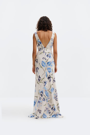 Kjoler | Thelma Open Back Satin Maxi Dress Tulip Blue