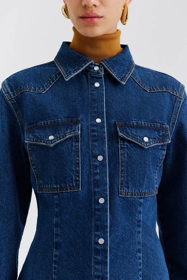 Bluser | Anthea Fitted Waist Denim Shirt Dark Blue Wash
