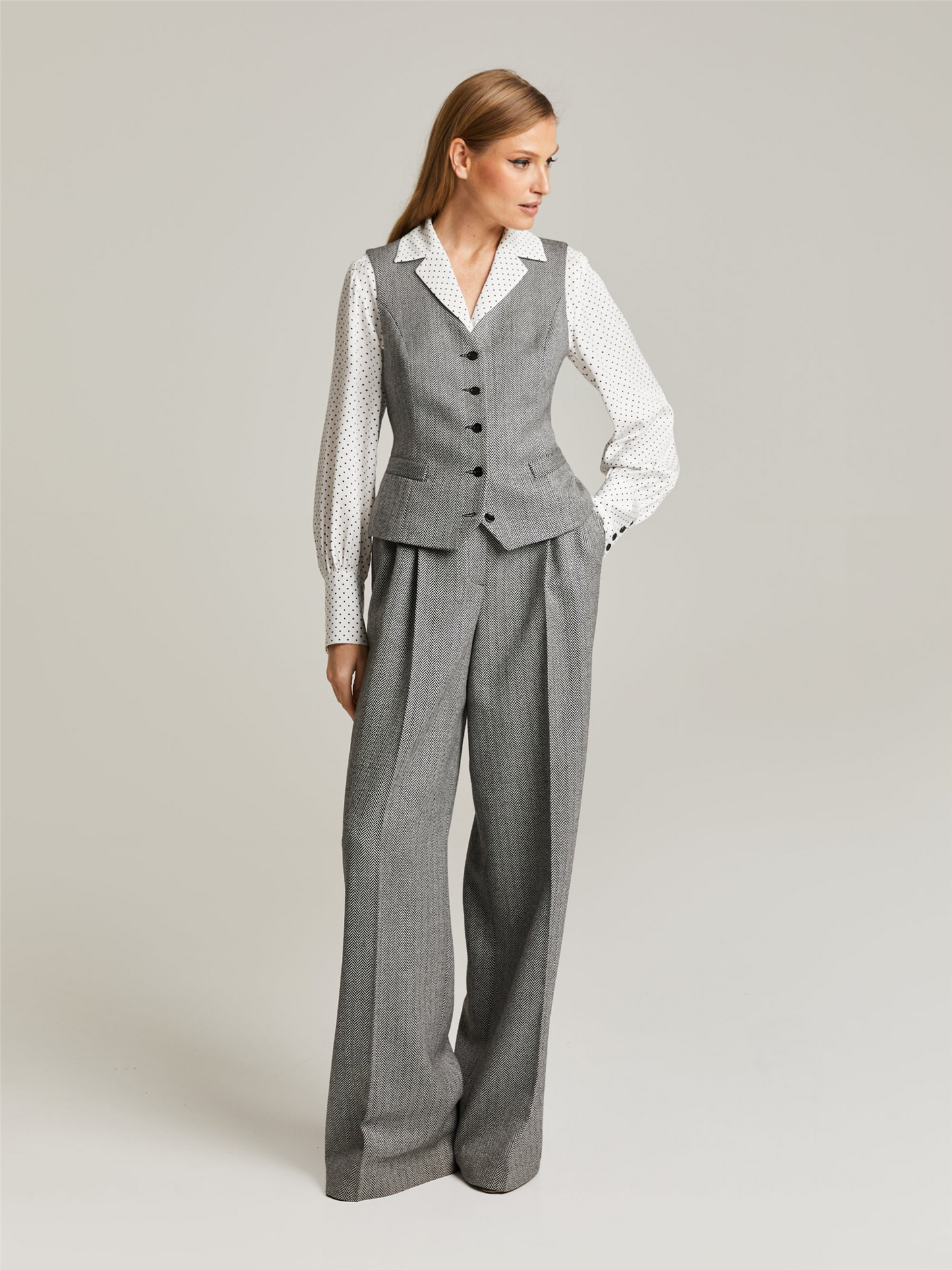 Maria Wool Vest Grey Herringbone Vester