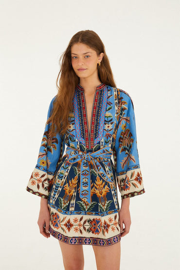 Kjoler | Embroidered Tapestry Blue Mini Dress