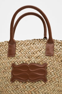 Small Leather Trimmed Monogram Straw Tote Cognac Vesker