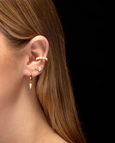 Pierced Heart Ear Stud Gold Pleated Clear Quartz Smykker