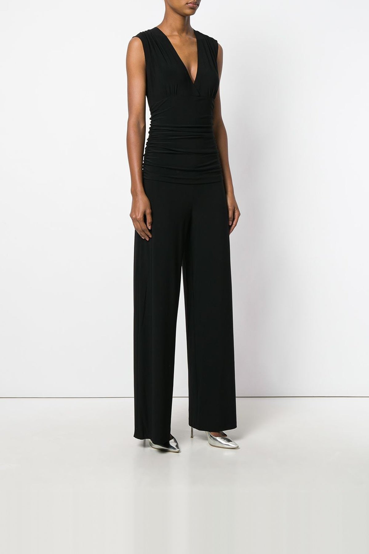 Sleeveless V Neck Shirred Waist Jumpsuit