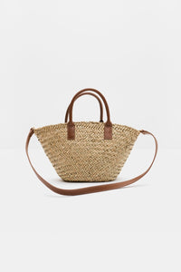 Small Leather Trimmed Monogram Straw Tote Cognac Vesker