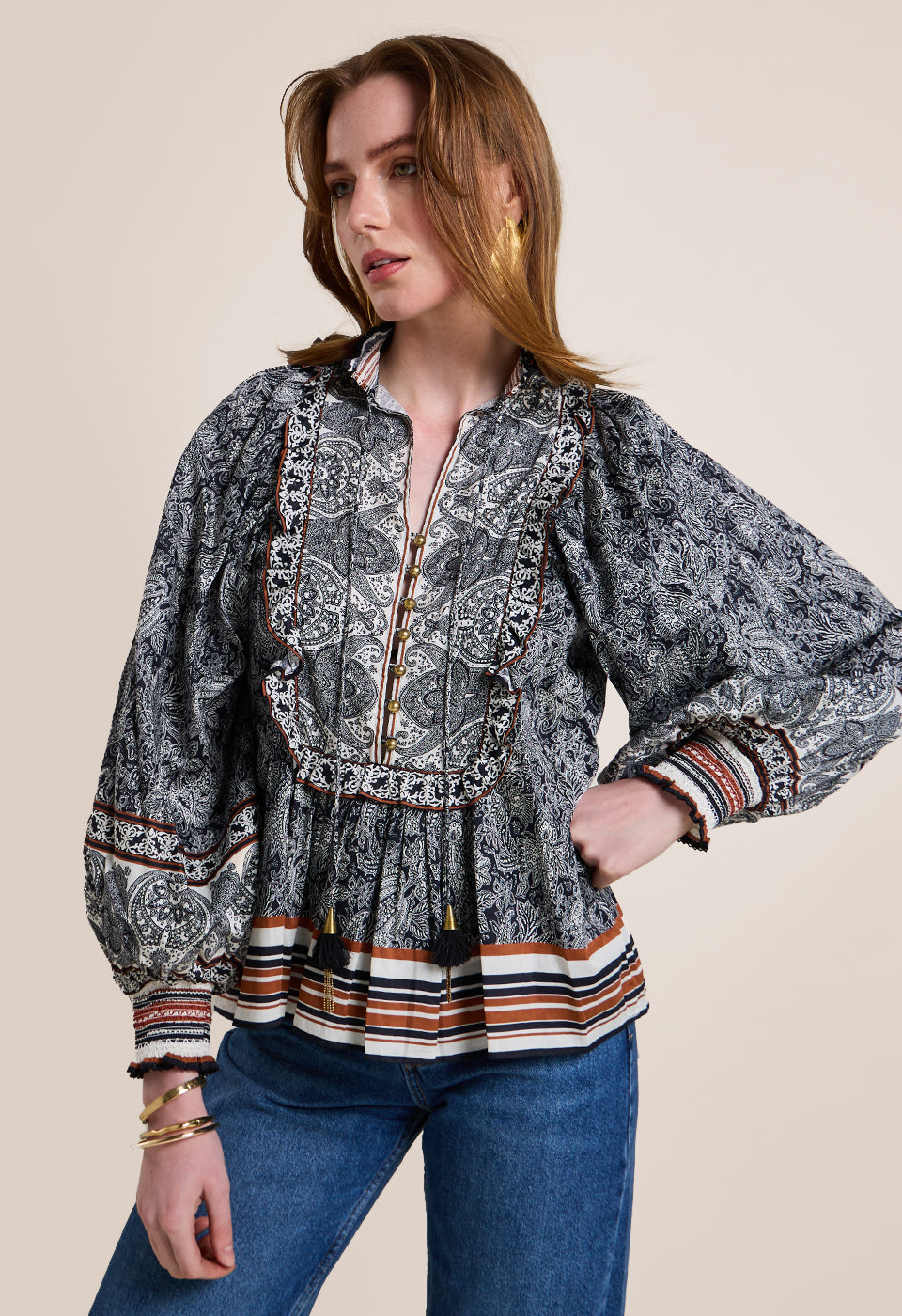Desire Top Onyx Black/Vanilla and Rust Bluser