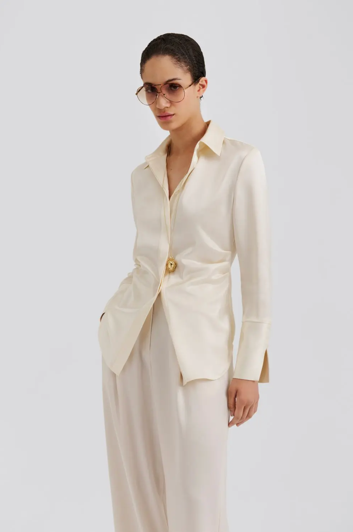 Janni Fitted Satin Shirt Vanilla Bluser