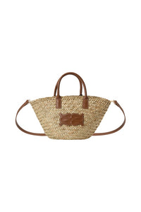 Small Leather Trimmed Monogram Straw Tote Cognac Vesker