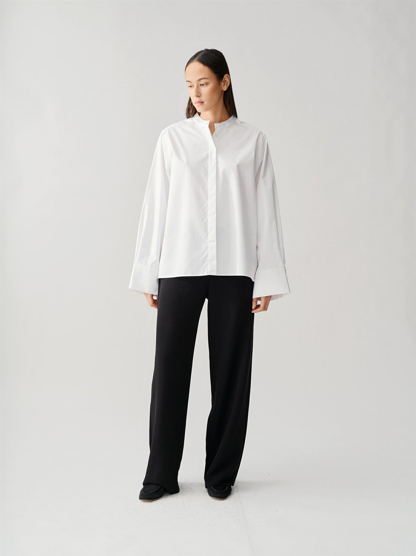 Collarless Wide Sleeve Shirt White Bluser