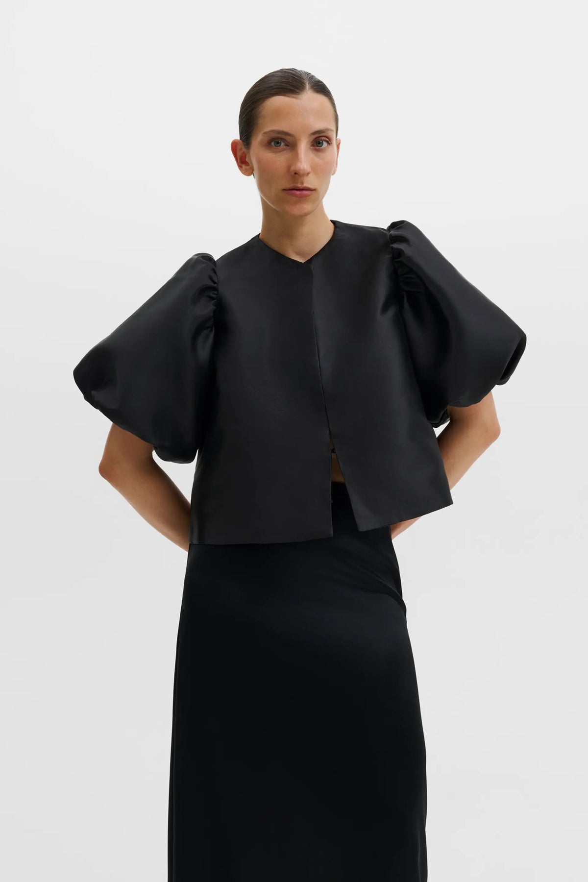 Cleo Puff-Sleeve Satin Blouse