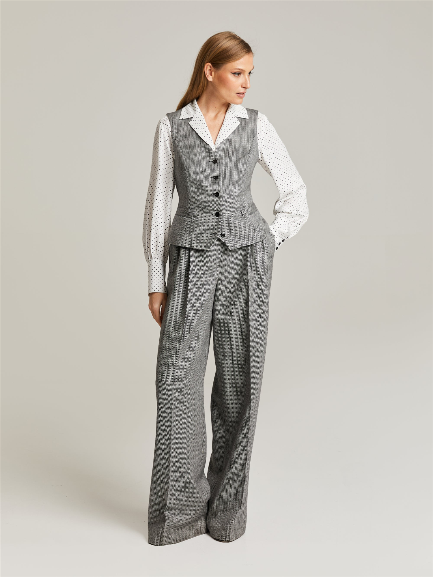 Maria Wool Vest Grey Herringbone Vester